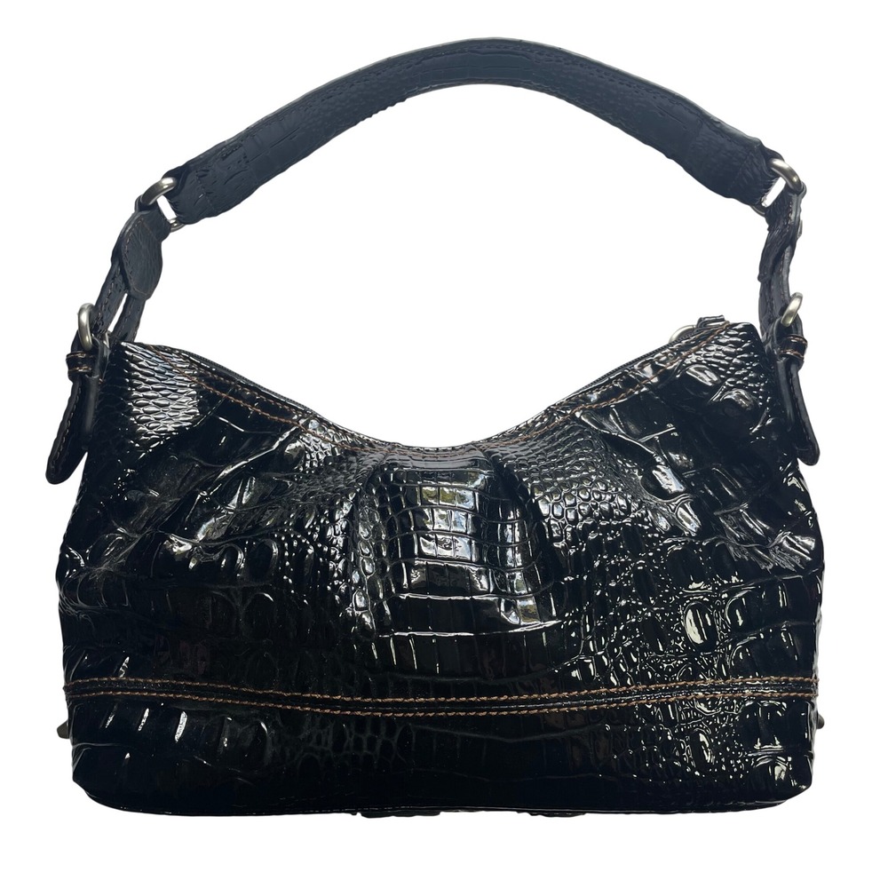 Jessica Simpson Small Hobo Bag Black Croc Embossed Patent Faux Leather Womens